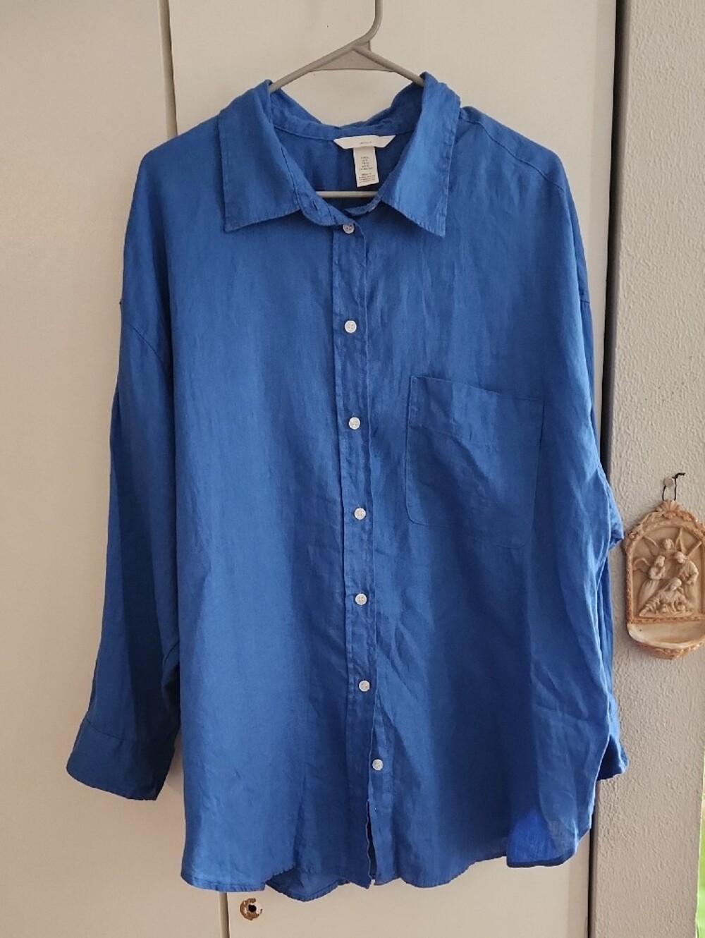 Sky Blue Linen Button-Up Blouse Sz XL